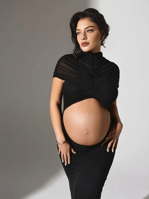 Black Bare Sheer Midriff Grenadine Maternity Photoshoot Maxi Dress for Maternity