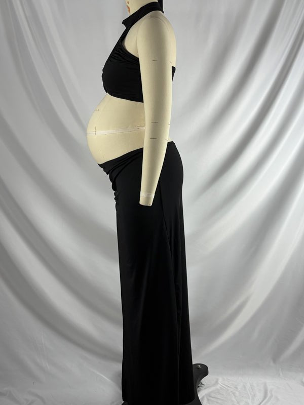 Side Slit Halter Neck Two Piece Maternity Photoshoot Maxi Dress for Maternity