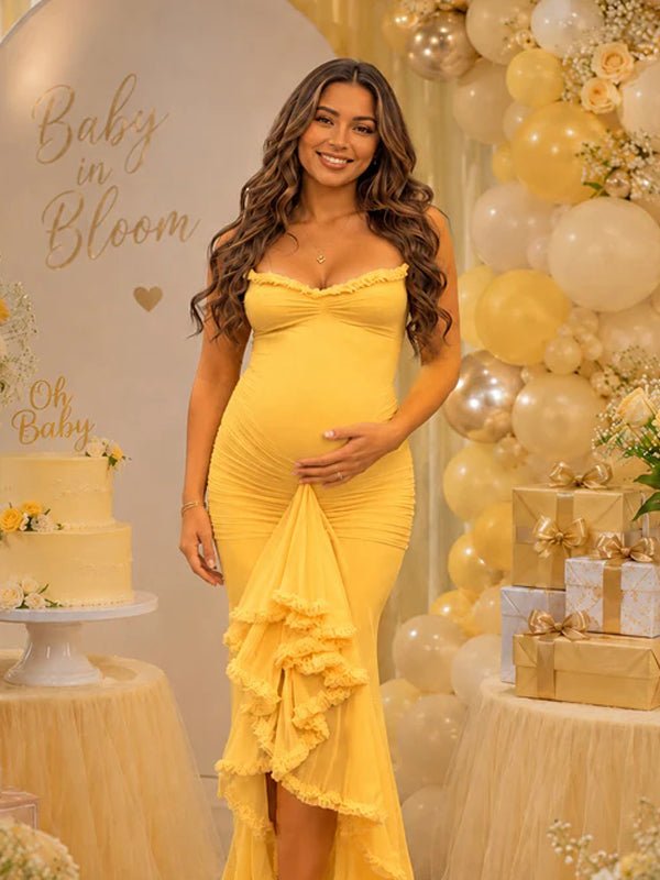 Spaghetti Strap Ruffle Ruched Grenadine Maternity Baby Shower Maxi Dress for Maternity