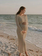 Solid Color Sashes Knit Lace-up High Waist Going Out Photoshoot Maternity Sweater Maxi Dress for Maternity