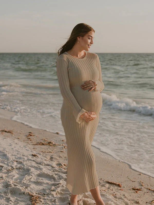 Solid Color Sashes Knit Lace-up High Waist Going Out Photoshoot Maternity Sweater Maxi Dress for Maternity
