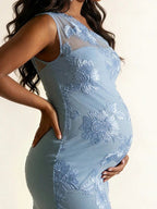 Chic Blue Bodycon Oblique Shoulder Embroidery Flowers Baby Shower Maternity Maxi Dress for Maternity