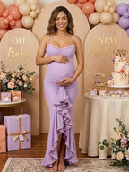 Spaghetti Strap Ruffle Ruched Grenadine Maternity Baby Shower Maxi Dress for Maternity