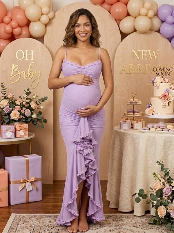 Spaghetti Strap Ruffle Ruched Grenadine Maternity Baby Shower Maxi Dress for Maternity