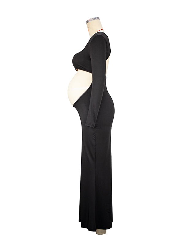 Black Cut Out Mermaid Crop Long Sleeve Backless Bodycon Cocktail Club Party Photoshoot Maternity Maxi Dress for Maternity