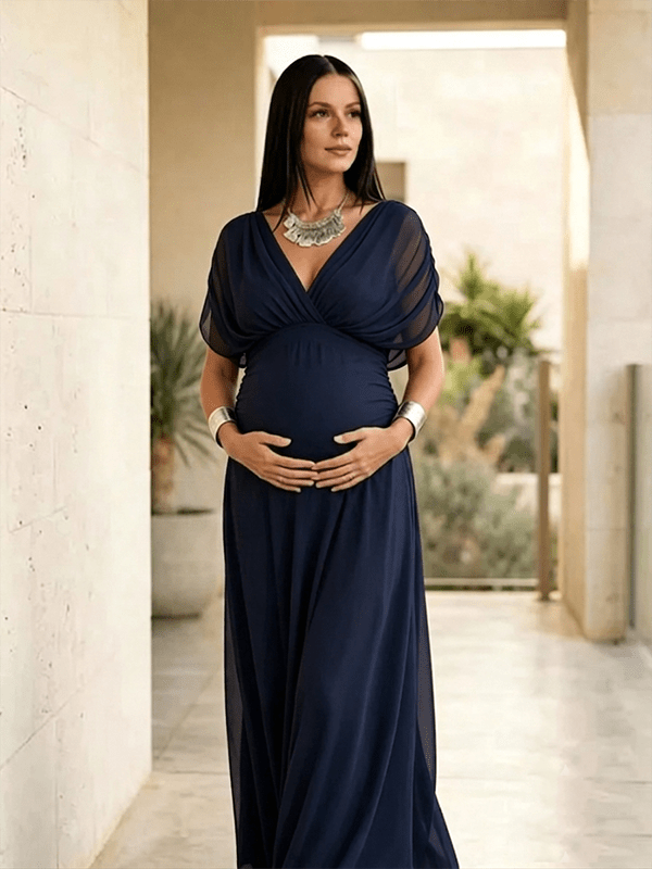 Chic Grenadine Ruched Off Shoulder Flowy Baby Shower Maternity Maxi Dress for Maternity