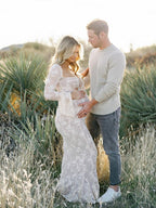 White Lace Corset Square Neck Flare Sleeve Off Shoulder Bodycon Elegant Cocktail Party Maternity Baby Shower Photoshoot Maxi Dress for Maternity