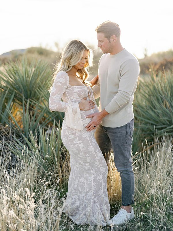White Lace Corset Square Neck Flare Sleeve Off Shoulder Bodycon Elegant Cocktail Party Maternity Baby Shower Photoshoot Maxi Dress for Maternity