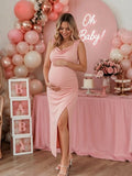 Elegant Bodycon Side Slit Backless Lace-up Baby Shower Maternity Maxi Dress for Maternity