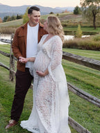 Floral Lace Backless Boho Baby Shower Flare Sleeve Pregnant Maternity Photoshoot Maxi Dress for Maternity