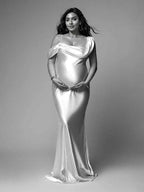 White One Off Shoulder Silk Satin Backless Mermaid Photoshoot Evening Gown Baby Shower Maternity Maxi Dress for Maternity