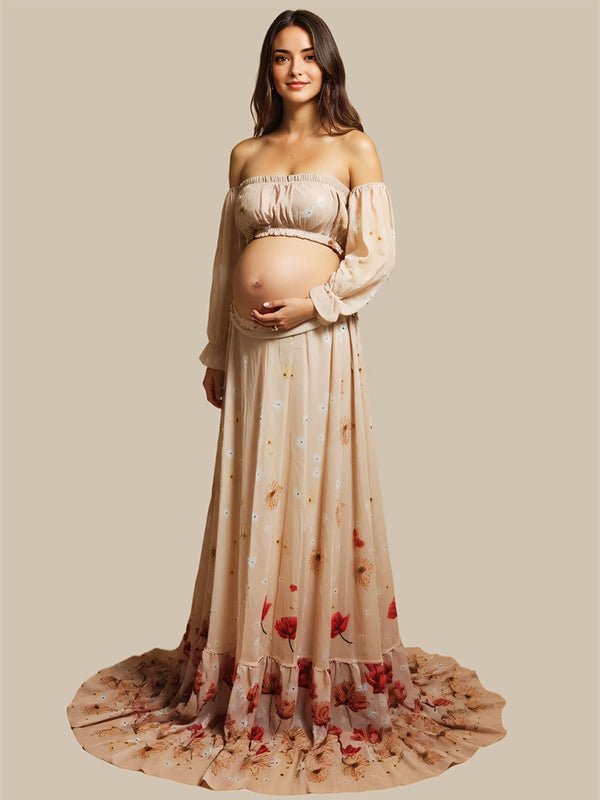 Two Piece Boho Flower Printing Off Shoulder Chiffon Crop Bandeau Photoshoot Maternity Maxi Dress for Maternity