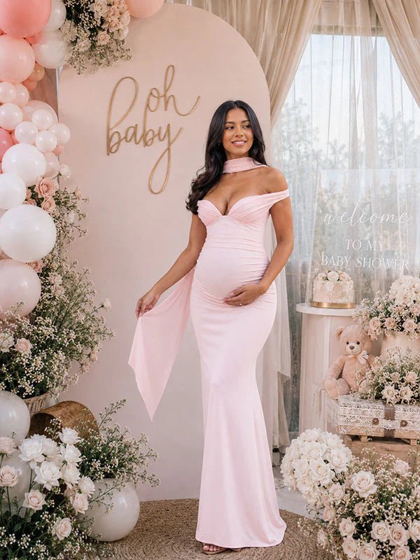 Chic Pink Off Shoulder Bodycon Ruffle Sashes Baby Shower Maternity Maxi Dress for Maternity