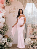 Chic Pink Off Shoulder Bodycon Ruffle Sashes Baby Shower Maternity Maxi Dress for Maternity