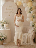 Elegant Beige Ruched Floral Irregular Mermaid Bodycon Maternity Baby Shower Maxi Dress for Maternity