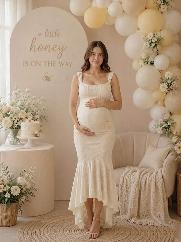 Elegant Beige Ruched Floral Irregular Mermaid Bodycon Maternity Baby Shower Maxi Dress for Maternity
