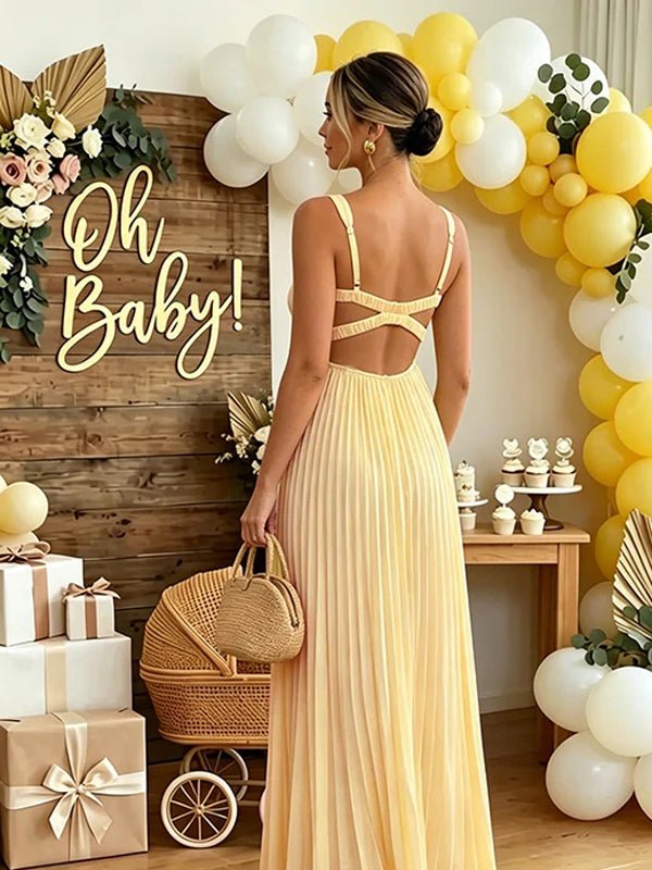 Chic Yellow Pleated Flowy Backless Tie Back Baby Shower Maternity Maxi Dress for Maternity