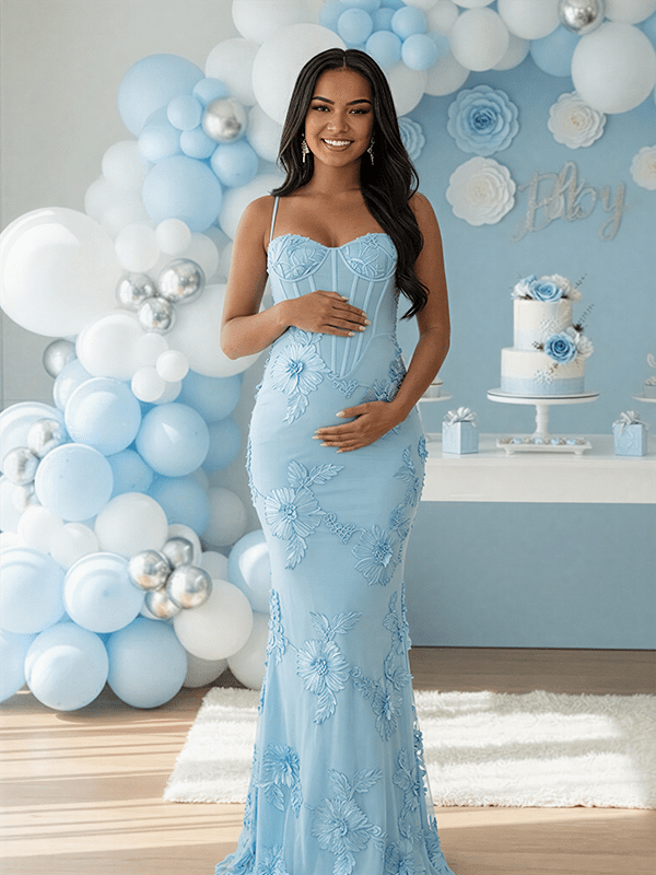 Floral Ribbon Appliques Bodice Backless Cami Mermaid Maternity Maxi Dress for Maternity