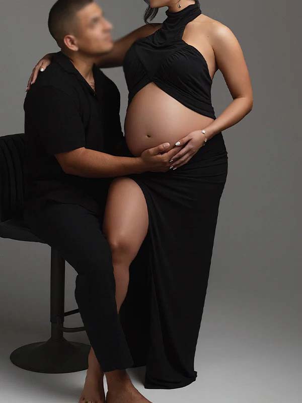 Side Slit Halter Neck Two Piece Maternity Photoshoot Maxi Dress for Maternity