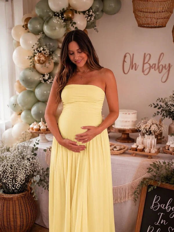 Elegant Side Slit Bandeau Ruched Baby Shower Maternity Maxi Dress for Maternity