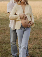 Beige Lace-up Flare Sleeve Modern Fashion Maternity Photoshoot Blouse for Maternity