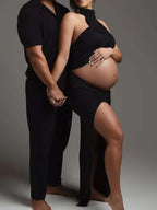 Side Slit Halter Neck Two Piece Maternity Photoshoot Maxi Dress for Maternity