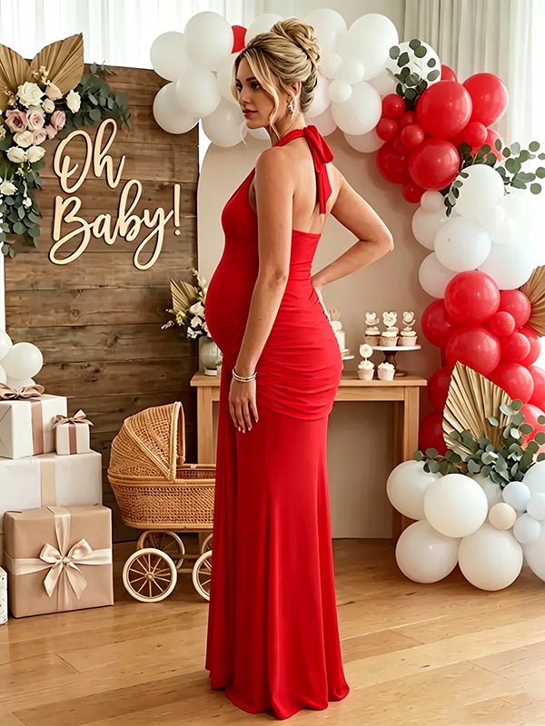 Ruched Bowknot Draped Backless Halter Neck Bodycon Baby Shower Maternity Maxi Dress for Maternity