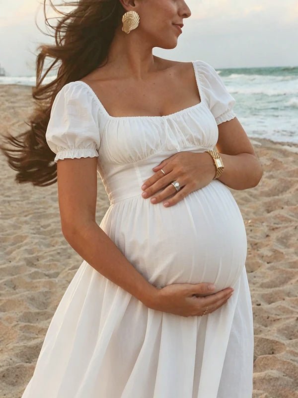 White Ruffle Ruched Lace-up Summer Beach Photoshoot Maternity Baby Shower Maxi Dress for Maternity