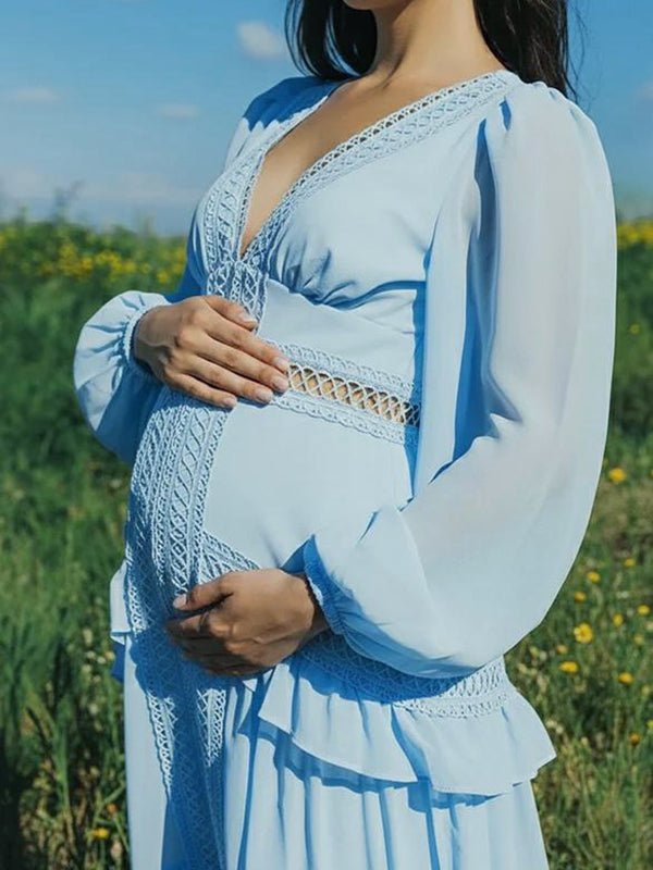 Ruffle Lace Hollow Out Silt Lantern Sleeve Boho Maternity Maxi Dress for Maternity